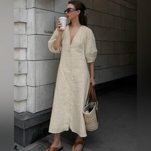 Commense-Cotton & Linen Button-Front Knotted Long Dress; NWT; SIZE  L (8)
